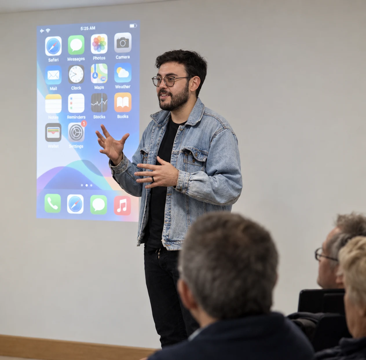 Alex explaining an iPhone screen to a group of learners