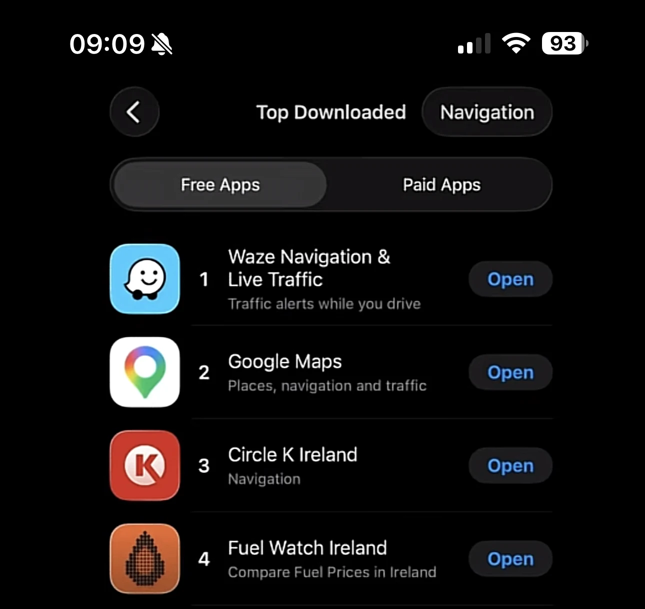 App Store chart showing Fuel Watch Ireland at number 4, below Waze, Google Maps and Circle K Ireland.